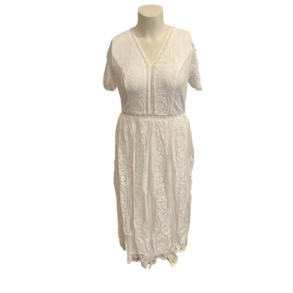 MEROKEETY White Lace V Neck Short‎ Sleeve Maxi Dress XL NWT Boho Bridal Party